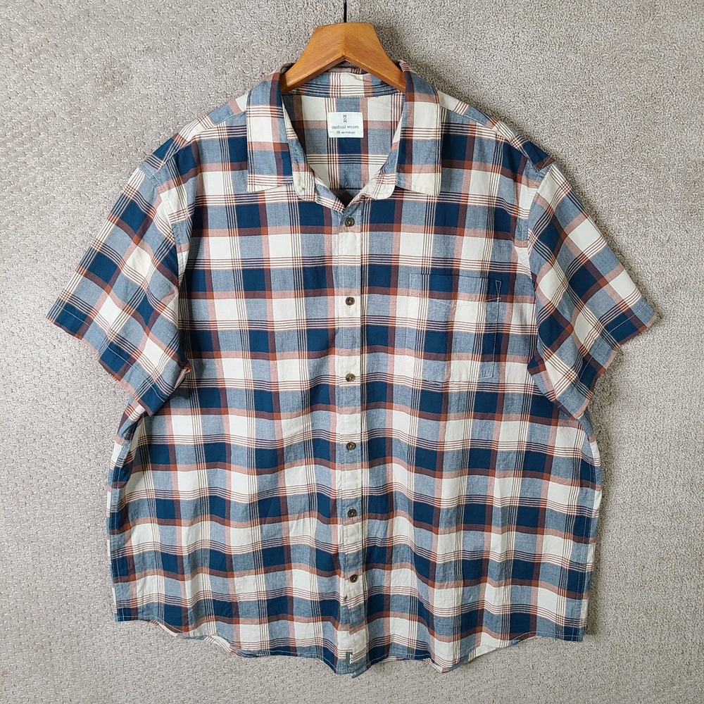 Mutual Weave Shirt Men 2XL Blue Red Plaid Button Down Short Sleeve Cotton Casual